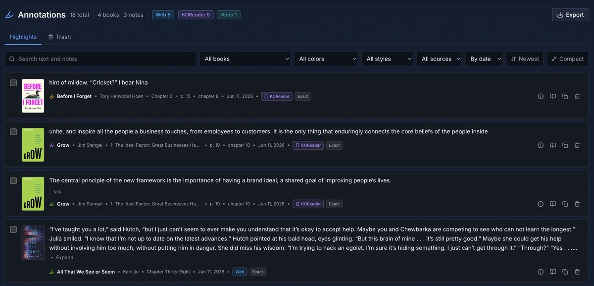 Annotations page showing global highlight search, filters, source badges, export, and annotation rows