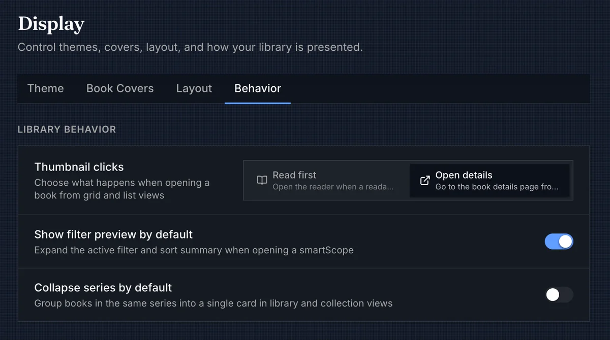 Display Behavior tab with thumbnail click, Smart Scope preview, and series collapse settings