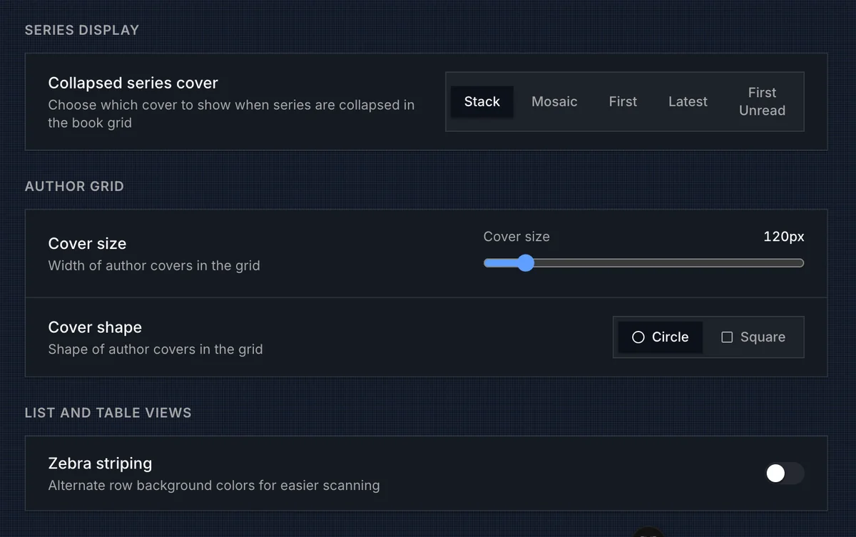 Display Layout tab showing series display, author grid, and zebra striping settings