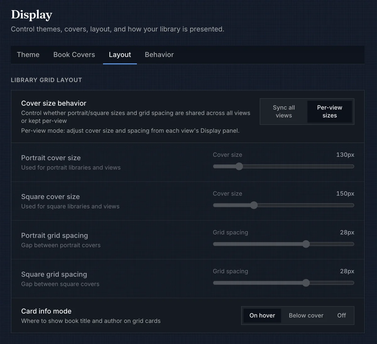 Display Layout tab showing library grid layout controls