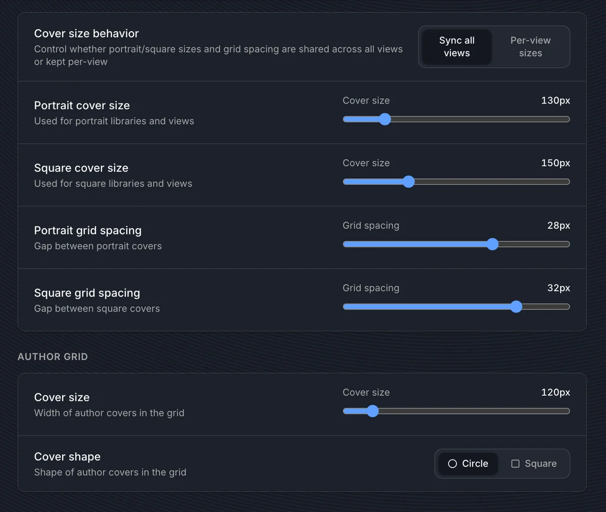 Appearance library and author grid settings
