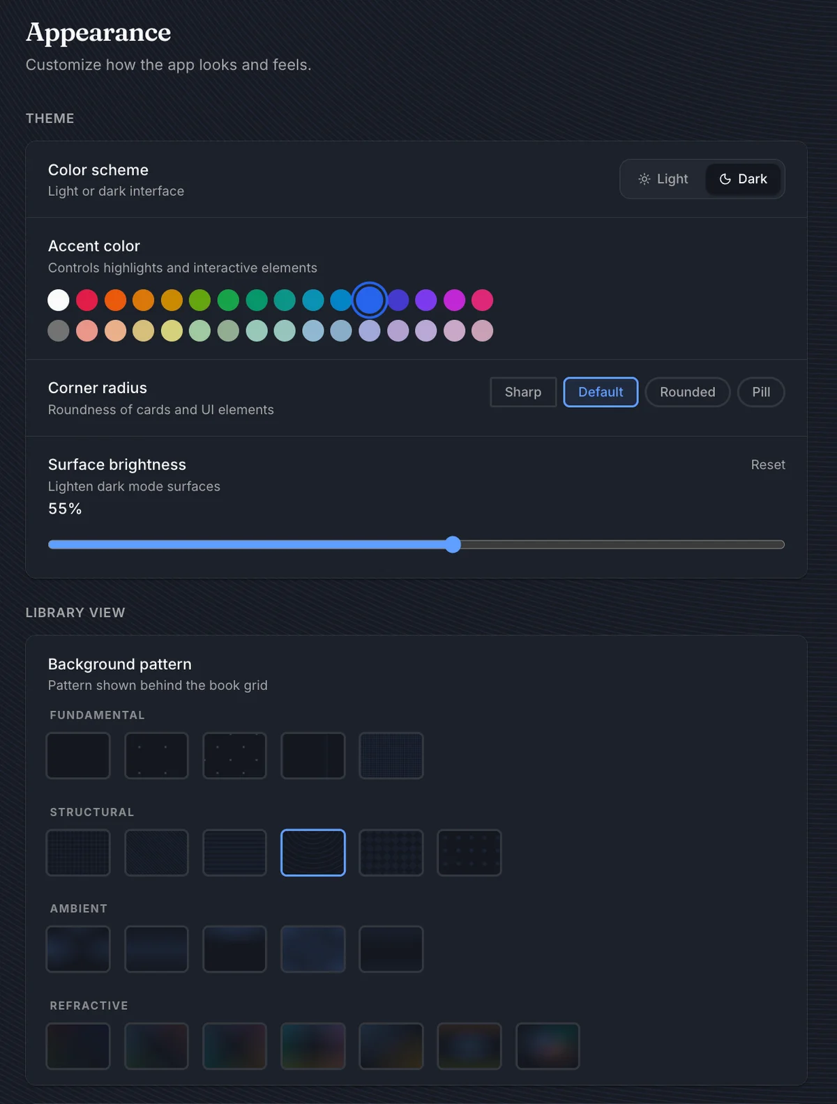 Appearance theme and background settings