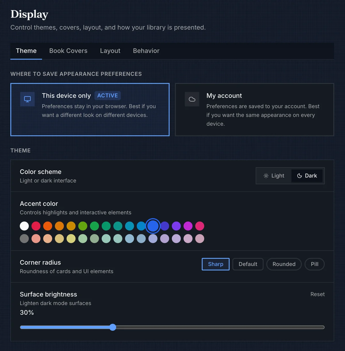 Display Theme tab with preference storage, theme, accent, radius, and surface brightness settings