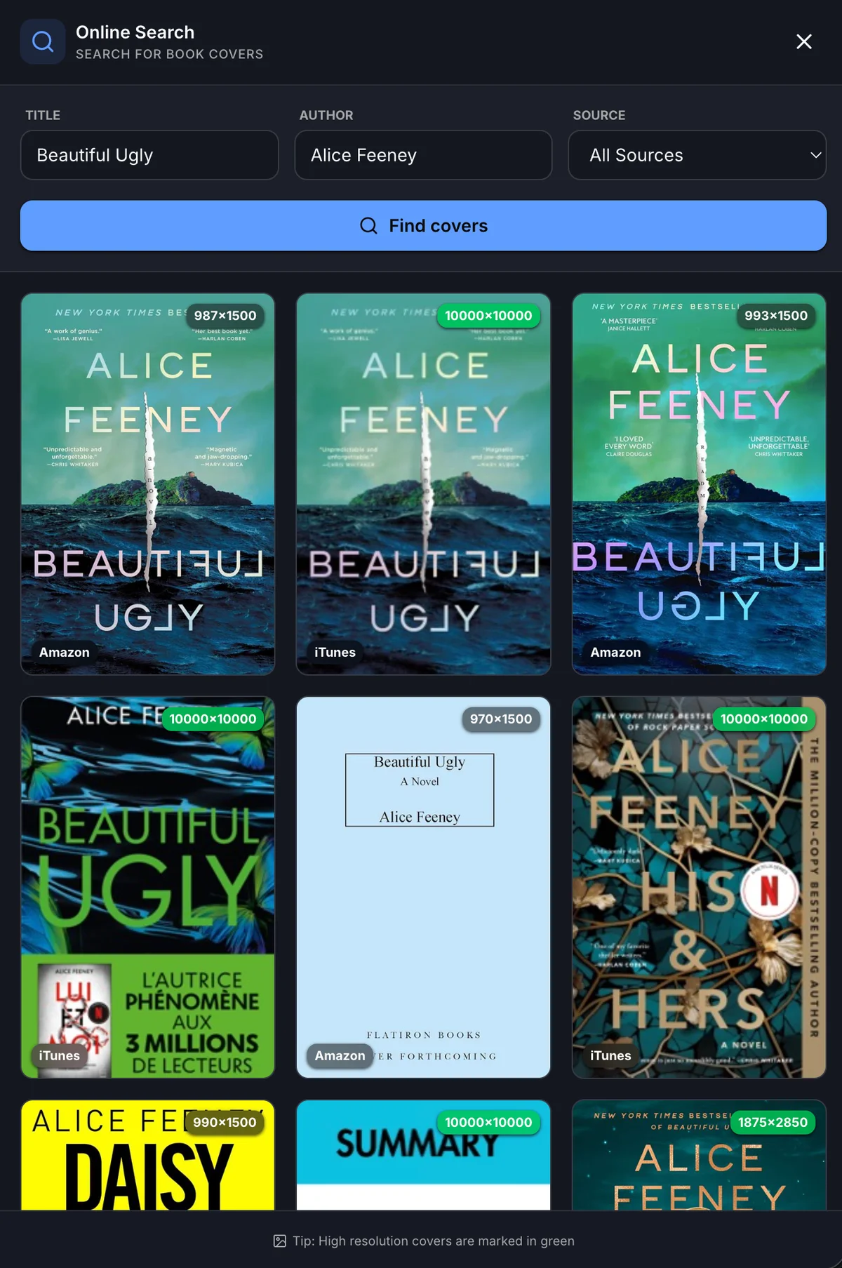 Online cover search drawer with title, author, source selector, and cover results