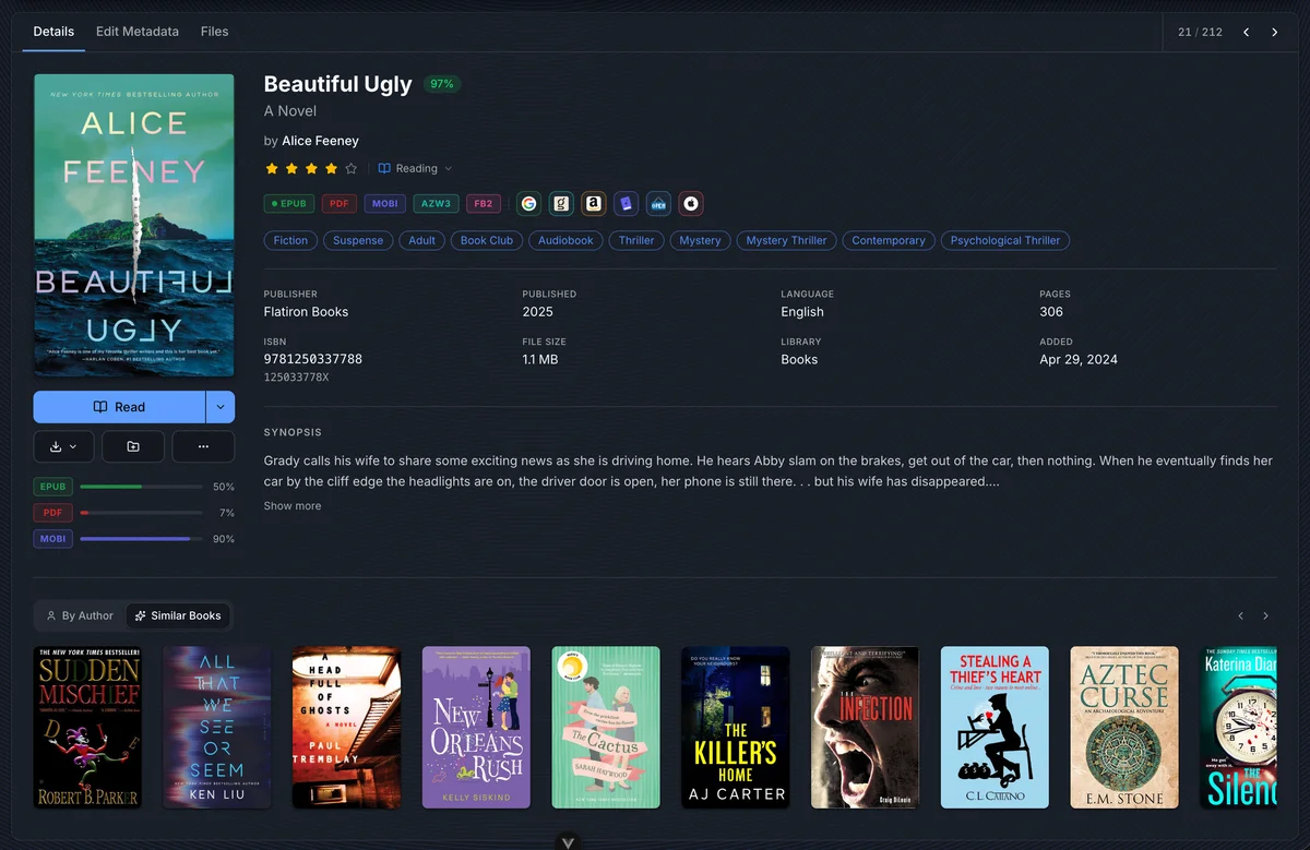 Book details page with metadata, reading controls, progress, and recommendations