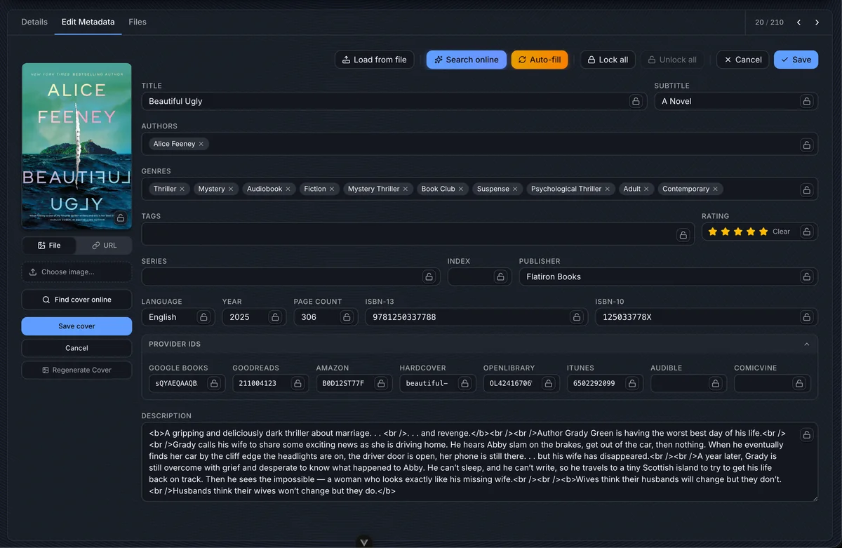 Book edit metadata page with cover editor, locks, provider IDs, and action buttons