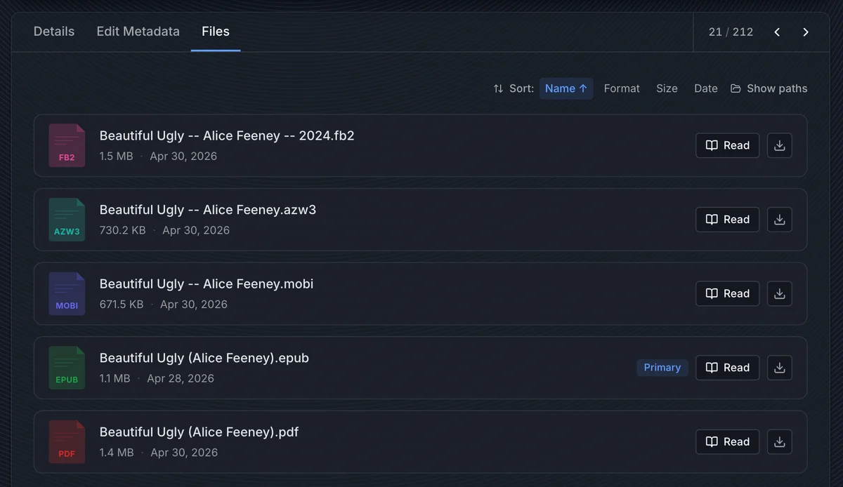 Book files tab showing multiple readable formats and download actions
