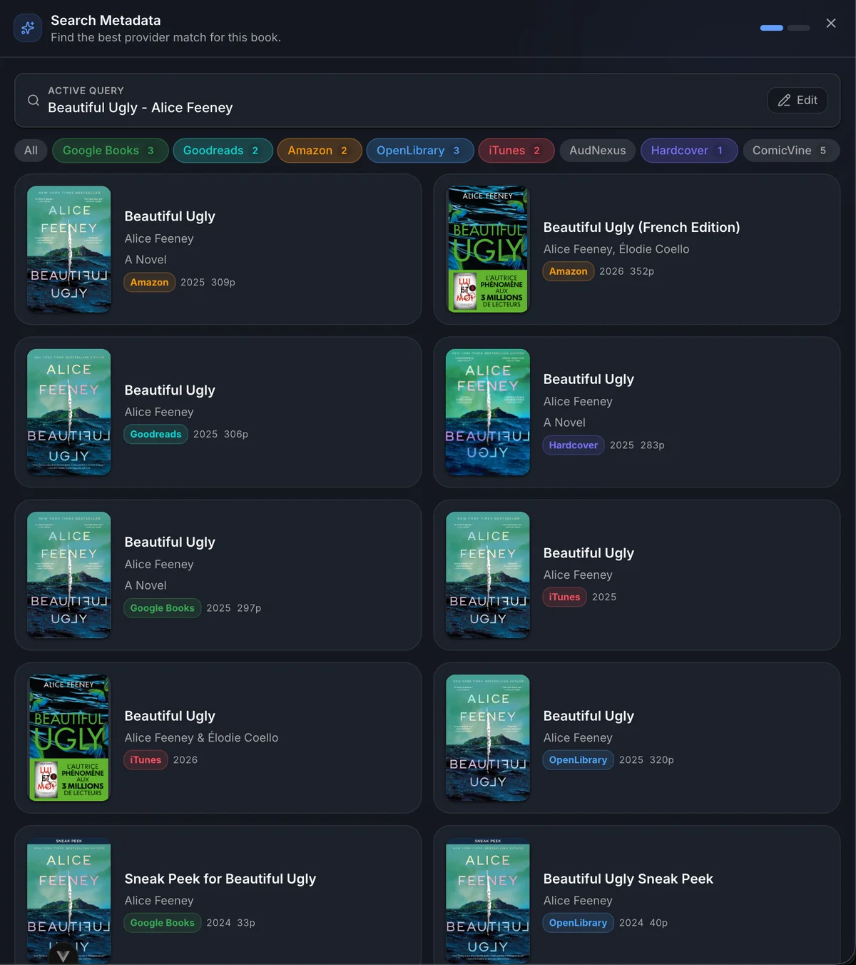 Metadata search drawer showing streamed provider results and provider filters