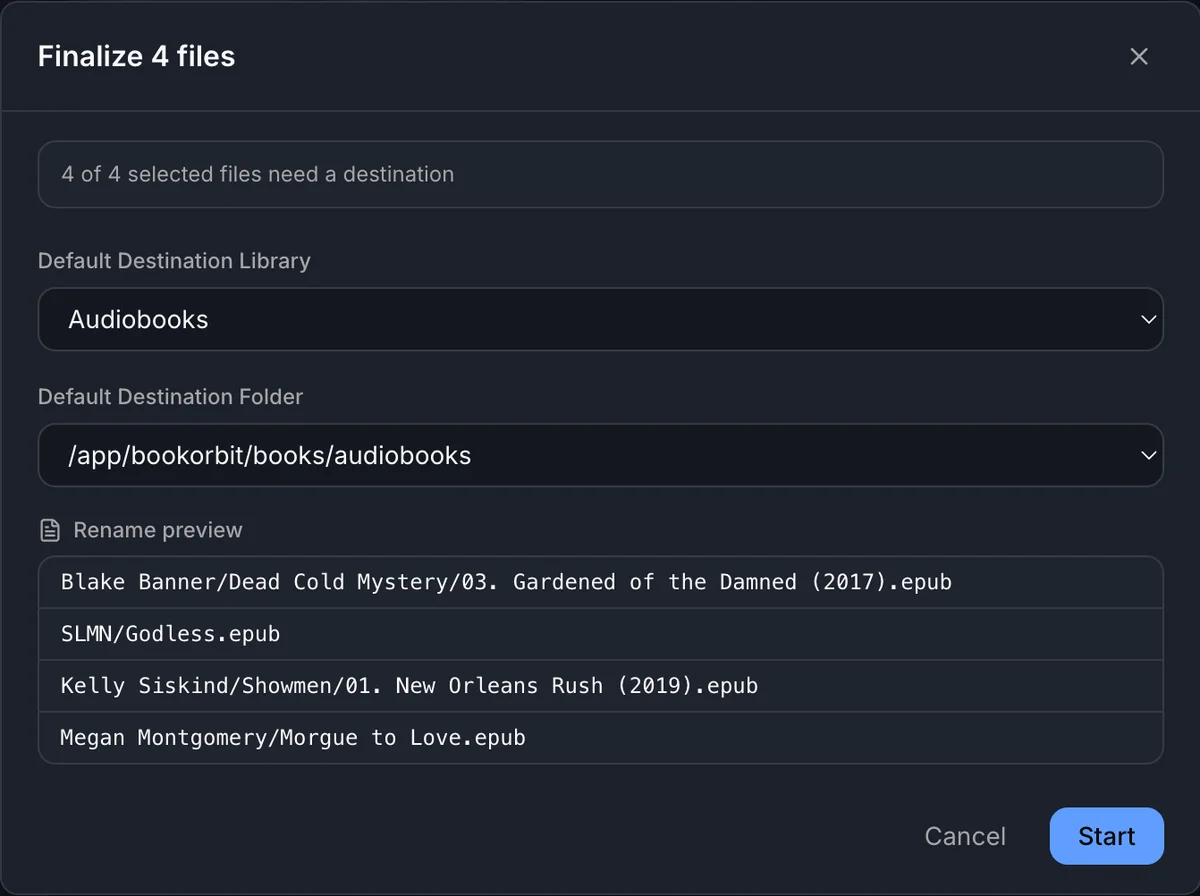 Finalize dialog with default destination and rename preview