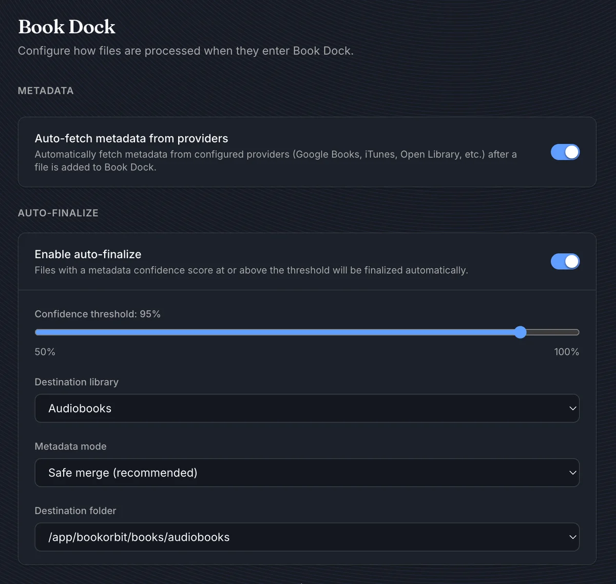 Book Dock settings page with metadata and auto-finalize controls