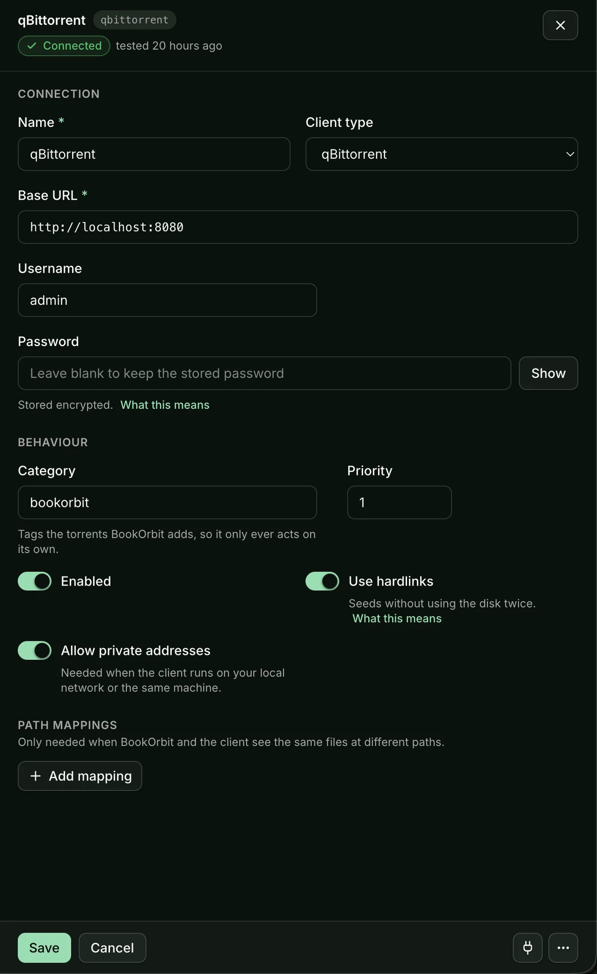 Download client editor showing connection fields, category, hardlink toggle and path mappings