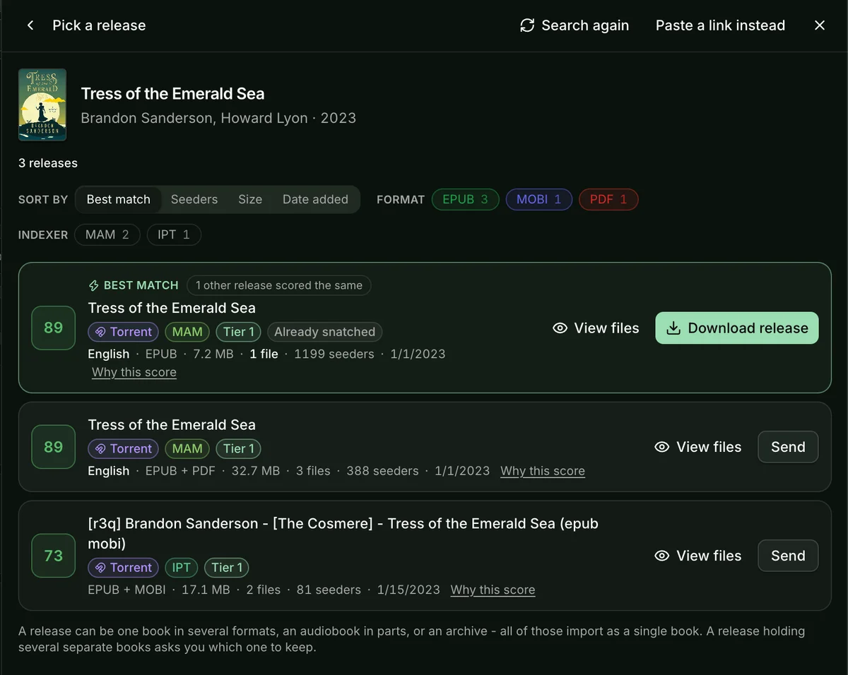 Release picker showing three scored releases with sort controls and format and indexer facets