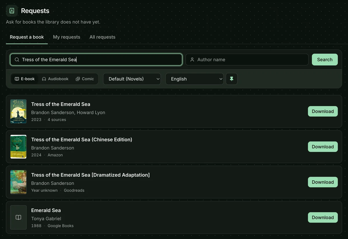 Request a book tab with search results grouped by work, each showing its cover, author, year and source count