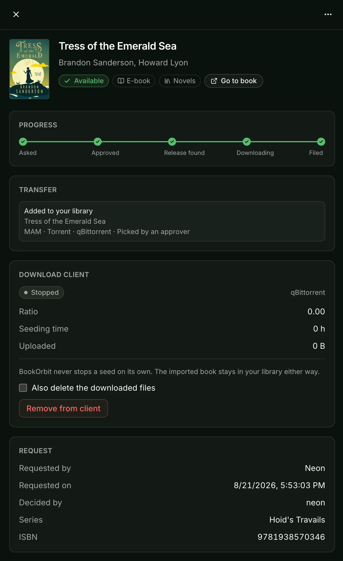 Request detail drawer showing the progress strip, transfer summary, download client statistics and request metadata