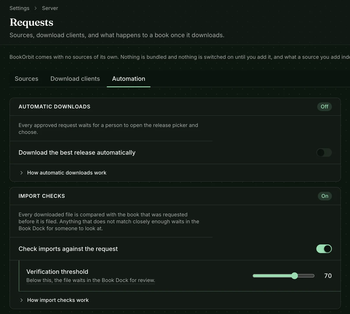 Automation tab showing the automatic downloads group switched off and import checks switched on