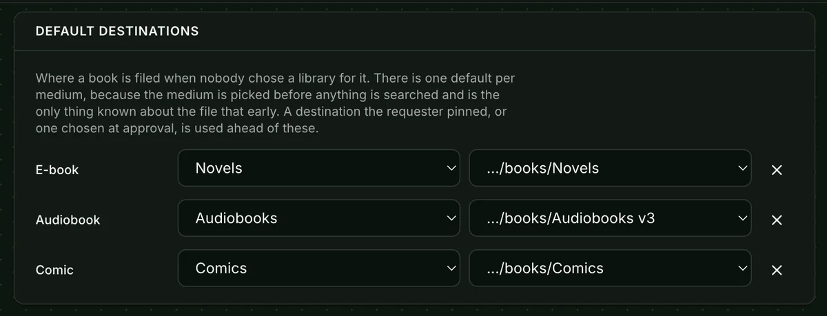 Default destinations showing a library and folder for each of e-book, audiobook and comic