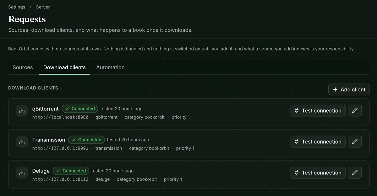 Download clients tab showing qBittorrent, Transmission and Deluge each connected