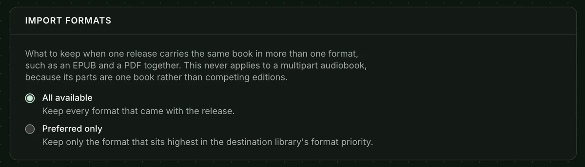 Import formats offering All available or Preferred only
