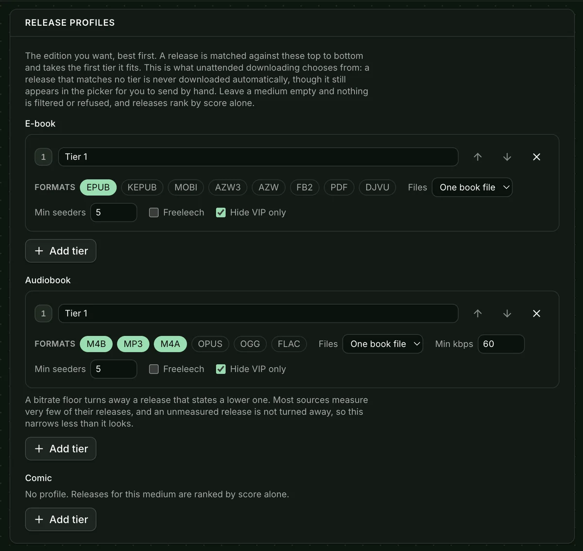 Release profiles showing an e-book tier and an audiobook tier with format, file layout and seeder conditions