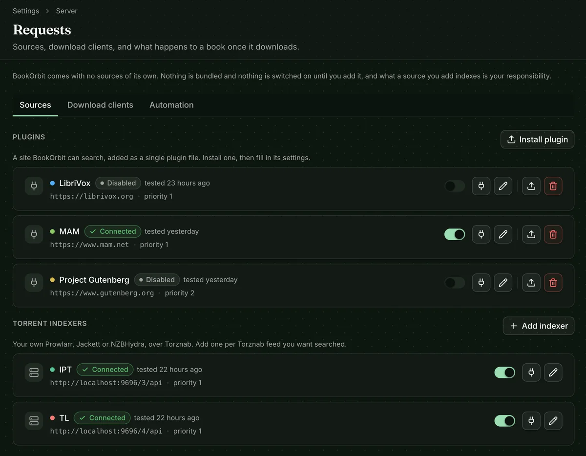 Sources tab listing installed plugins and Torznab indexers with their connection status
