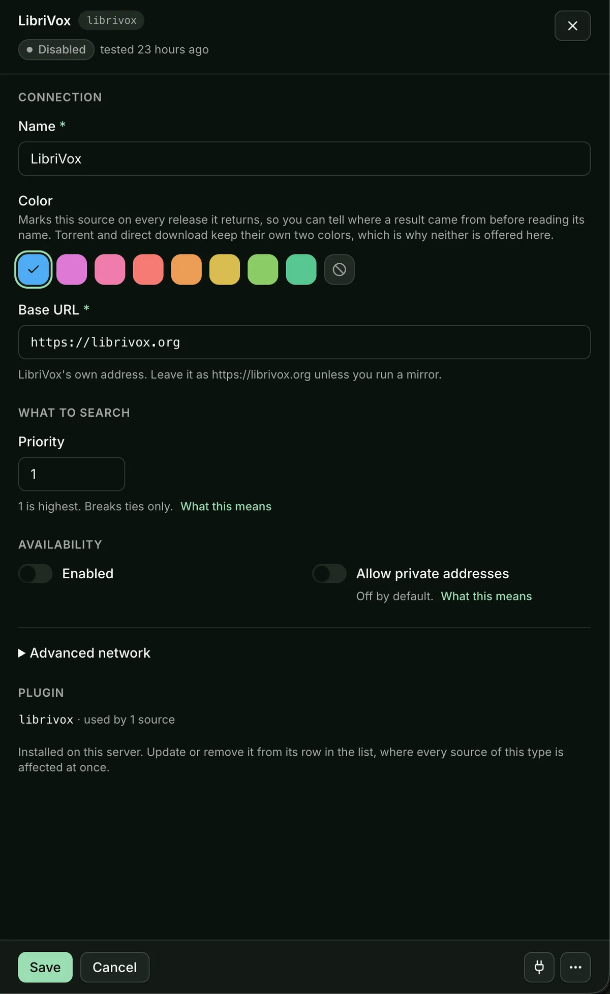 Source editor for a LibriVox plugin showing name, color, base URL and availability