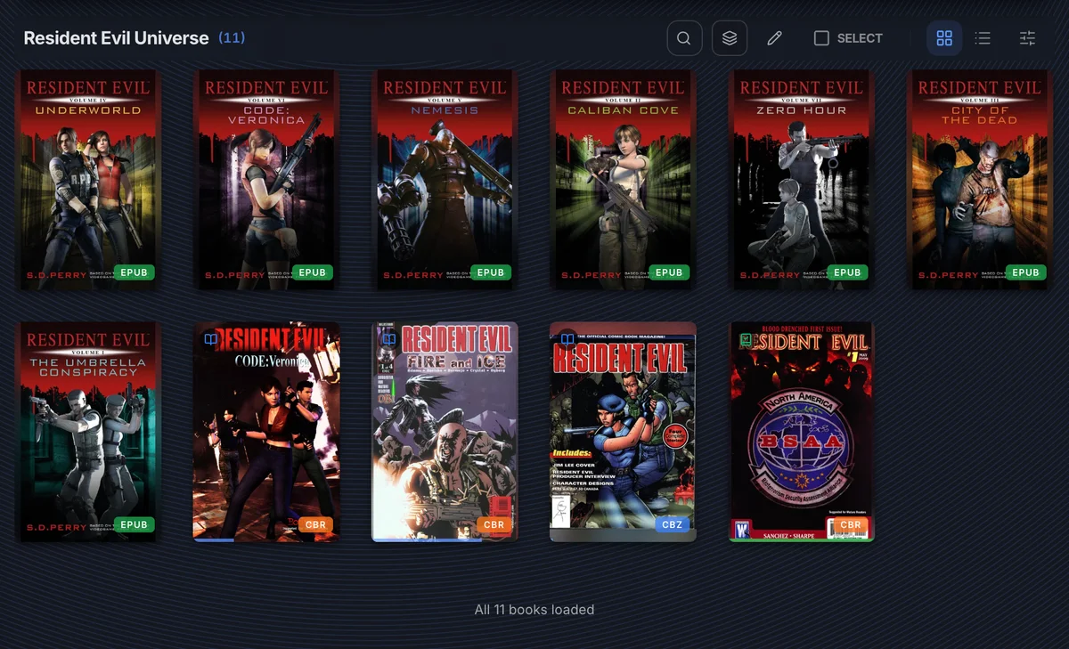 Resident Evil Universe collection showing 11 books across novels and comics