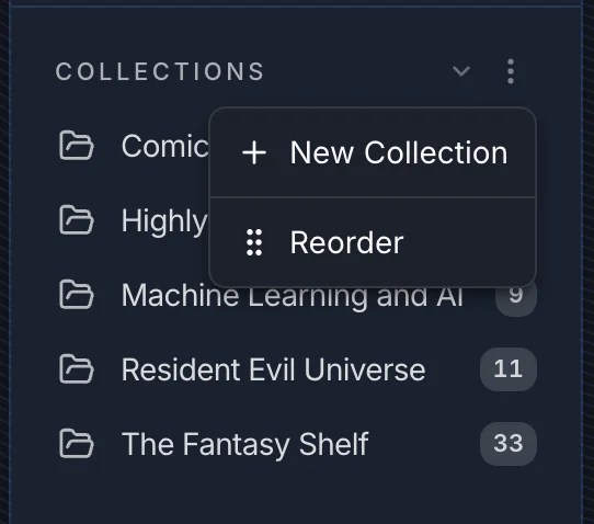 Collections sidebar menu showing New Collection and Reorder options