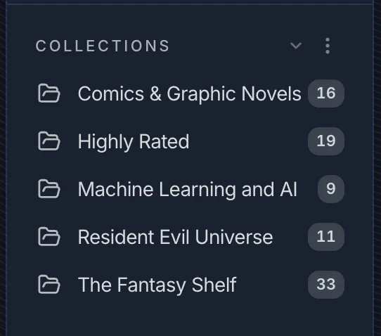 Collections section in the sidebar showing five collections with book counts