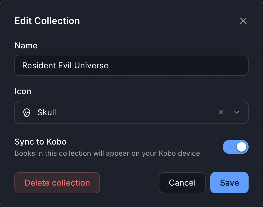 Edit Collection dialog showing name, icon picker, Sync to Kobo toggle, and Delete button