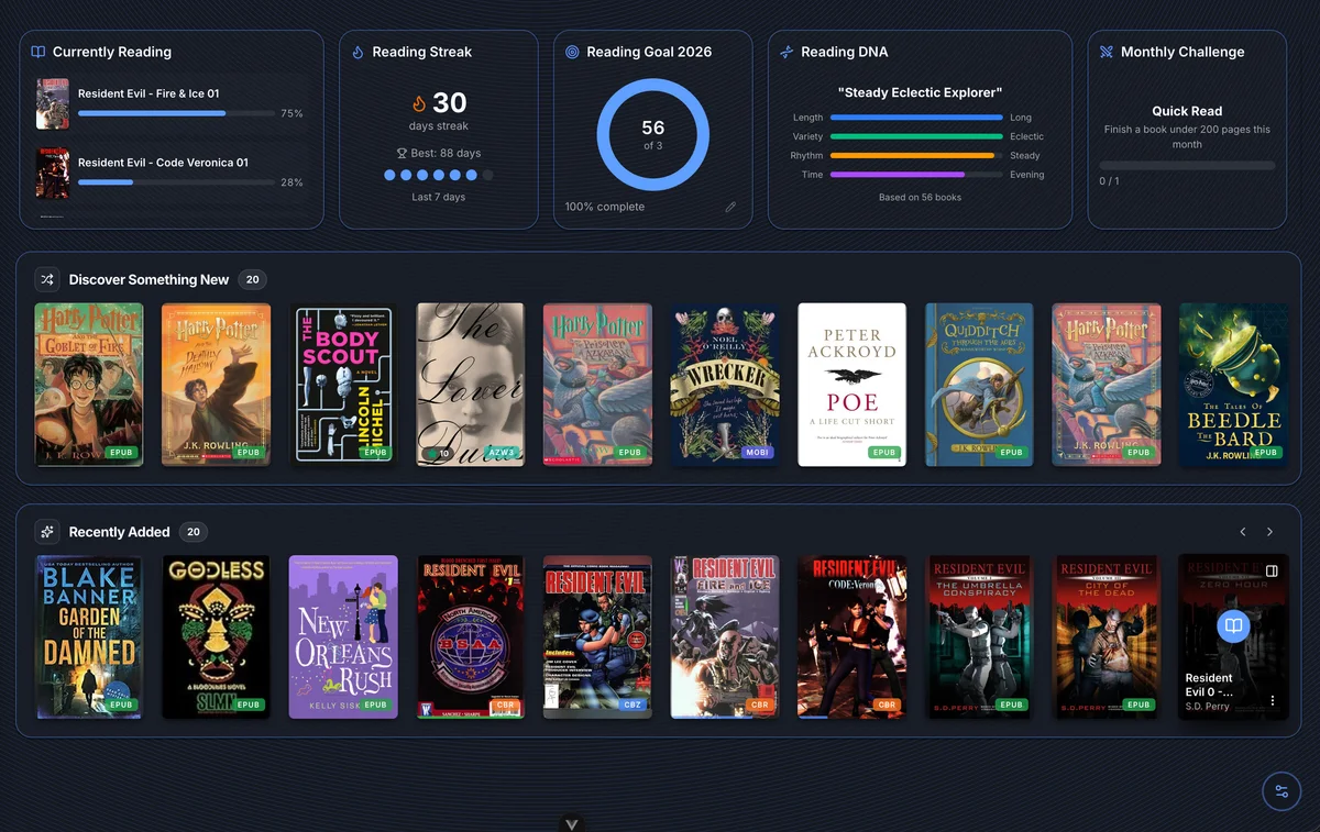 BookOrbit dashboard showing widgets across the top and two book shelf scrollers below
