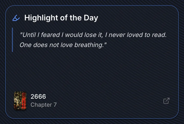 Highlight of the Day widget showing a quote from a book with the title and chapter