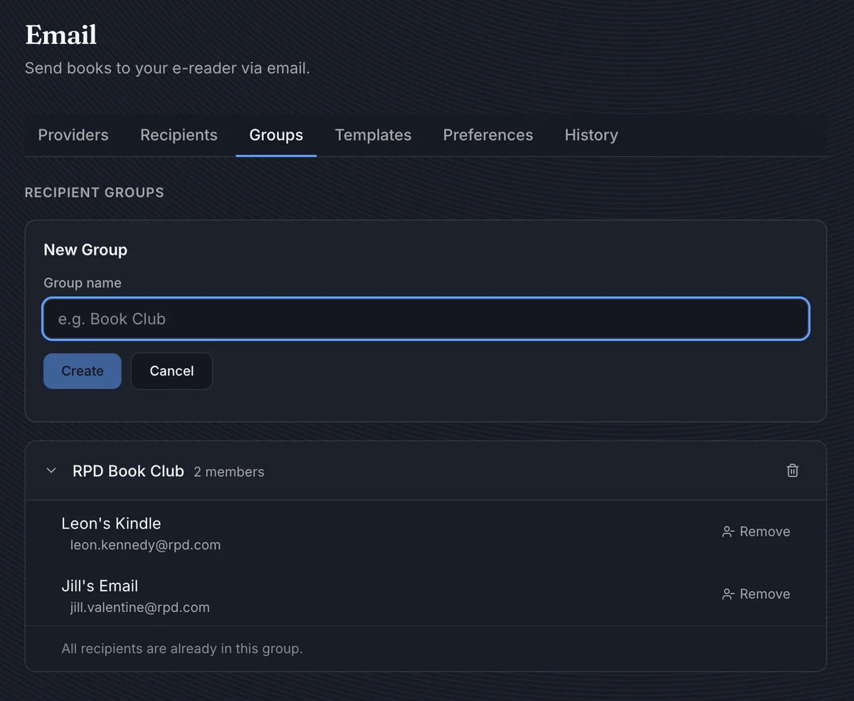 Email Groups tab with recipient group members