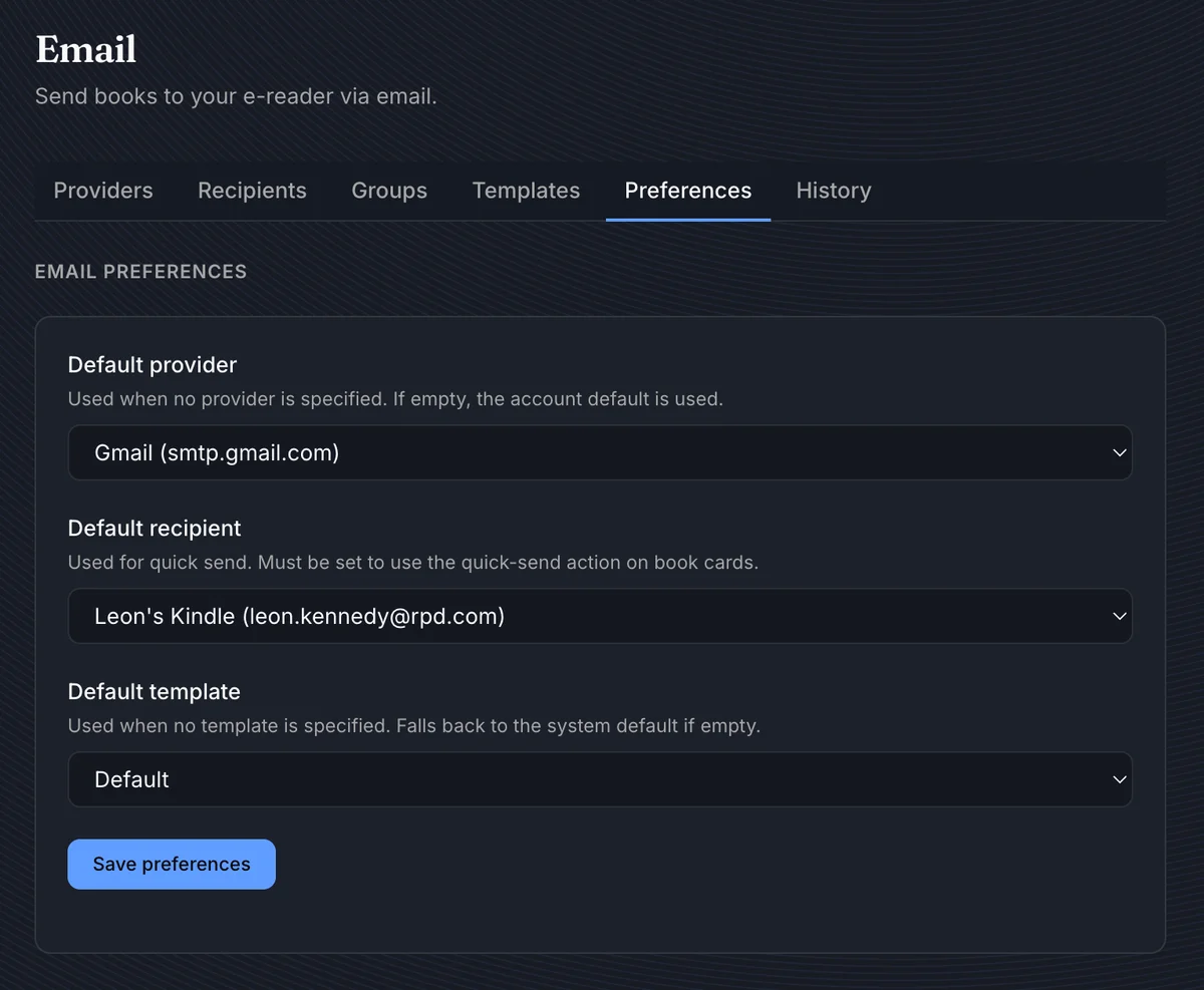 Email Preferences tab with default provider recipient and template
