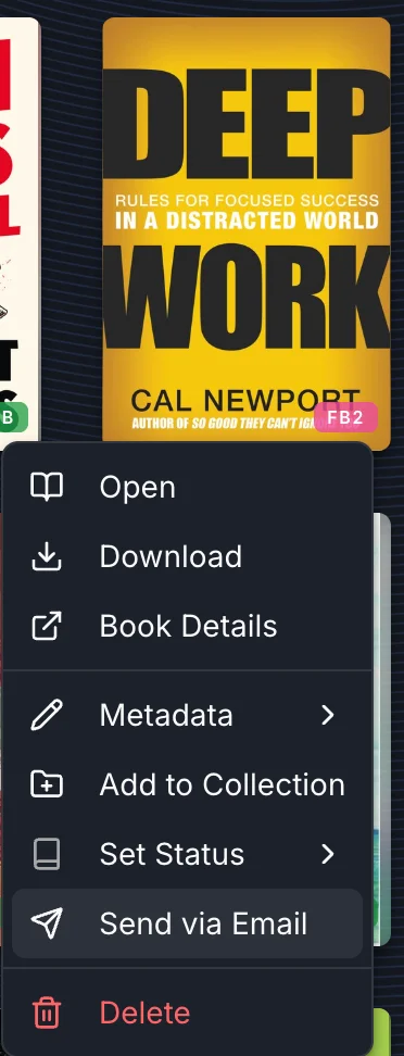 Book context menu showing Send via Email action