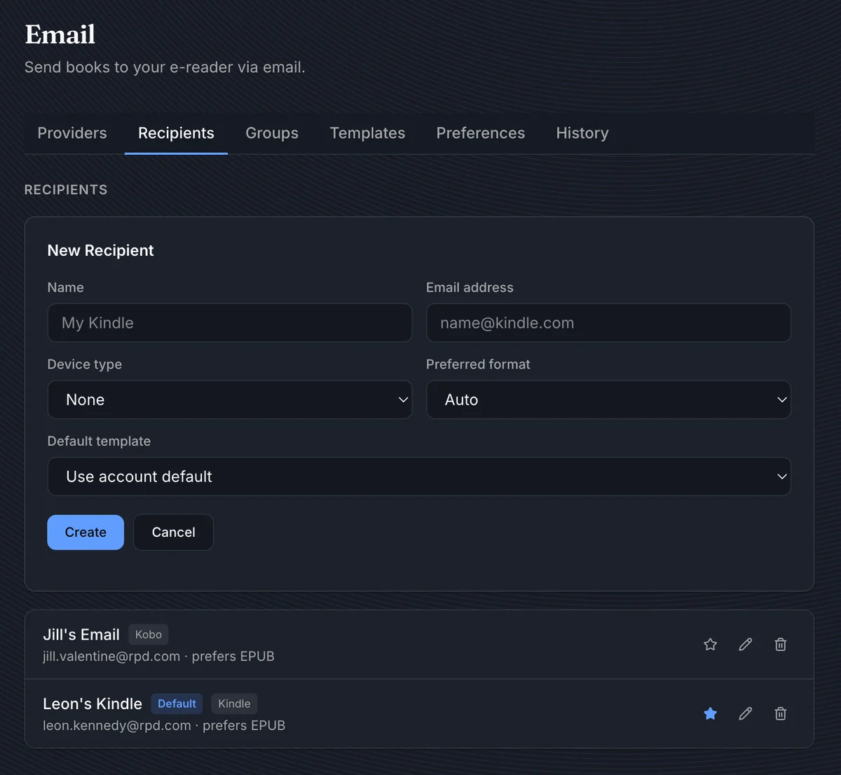 Email Recipients tab with configured recipient list