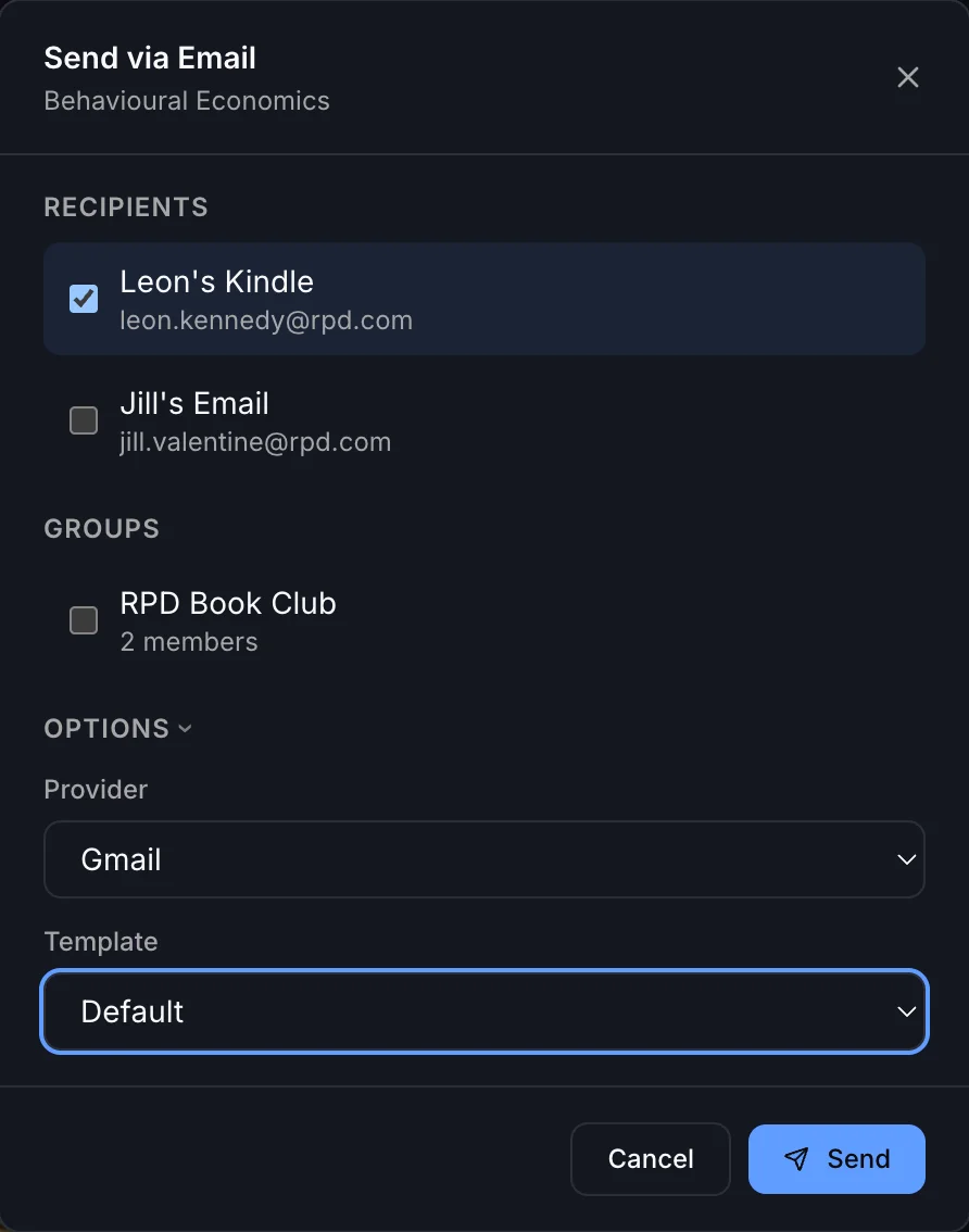 Send via Email dialog with recipients groups provider and template options