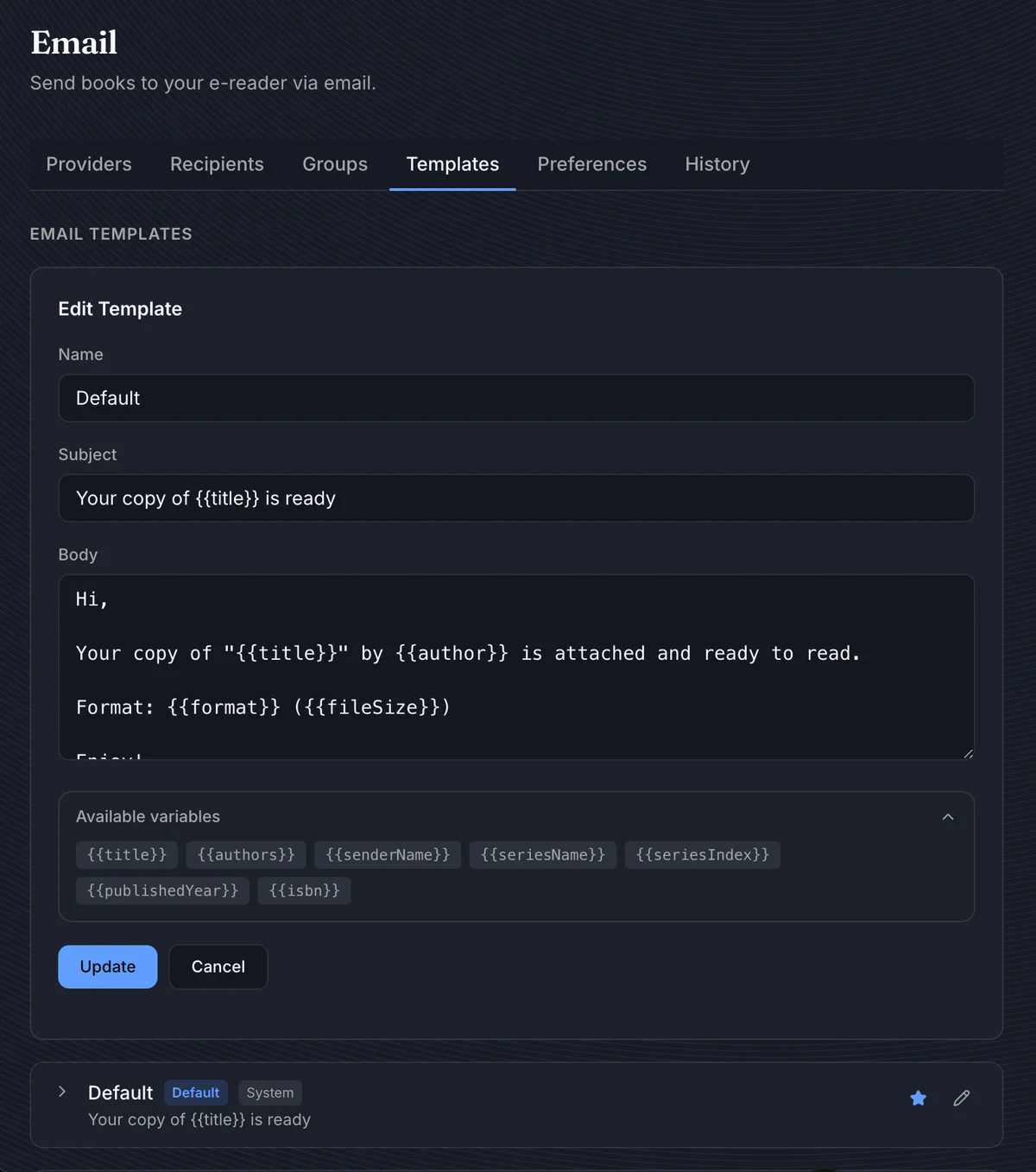 Email Templates tab editing the default template