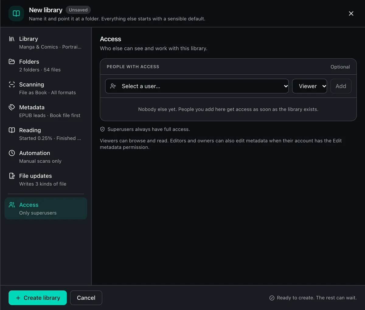 New library sheet, Access section, with a user picker, an access level, and an Add button