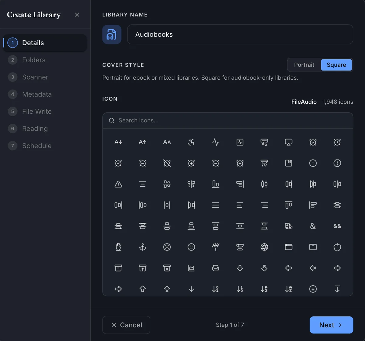 Create Library details step