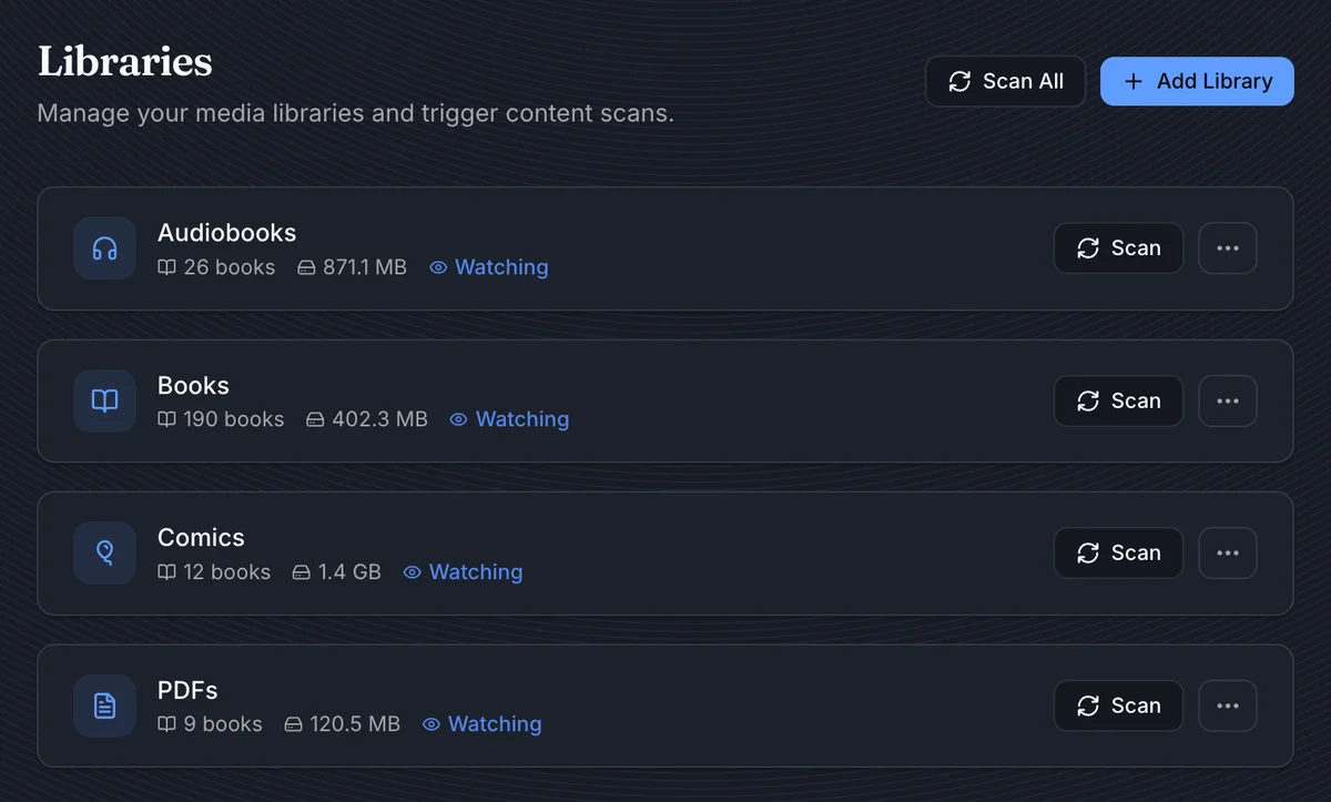 Settings Libraries page with multiple libraries and scan controls