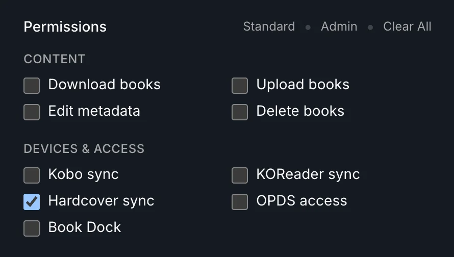 User permission editor with Hardcover sync enabled