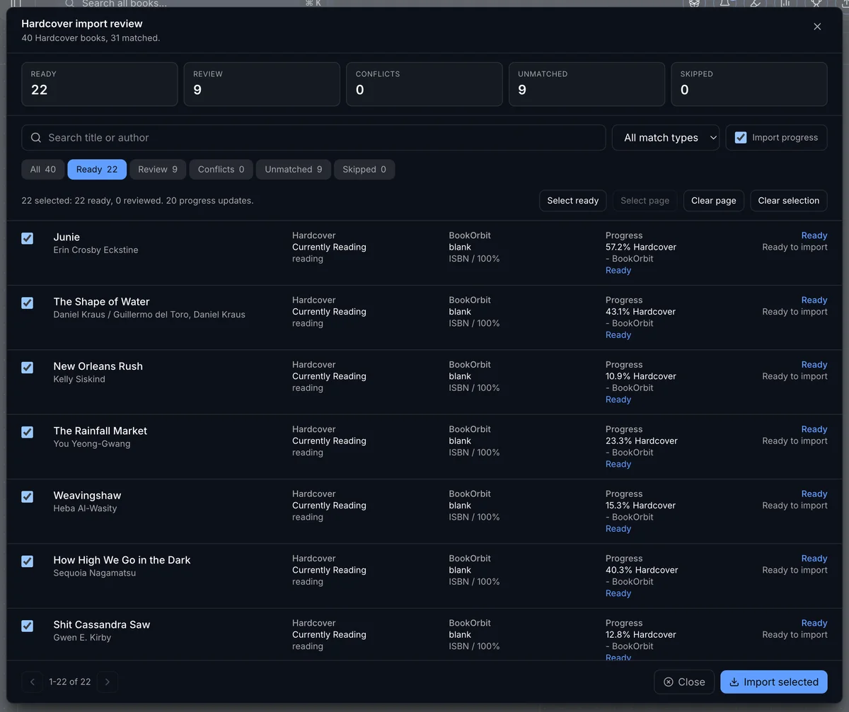 Hardcover import review dialog showing matched books with Hardcover status, BookOrbit status, and progress columns