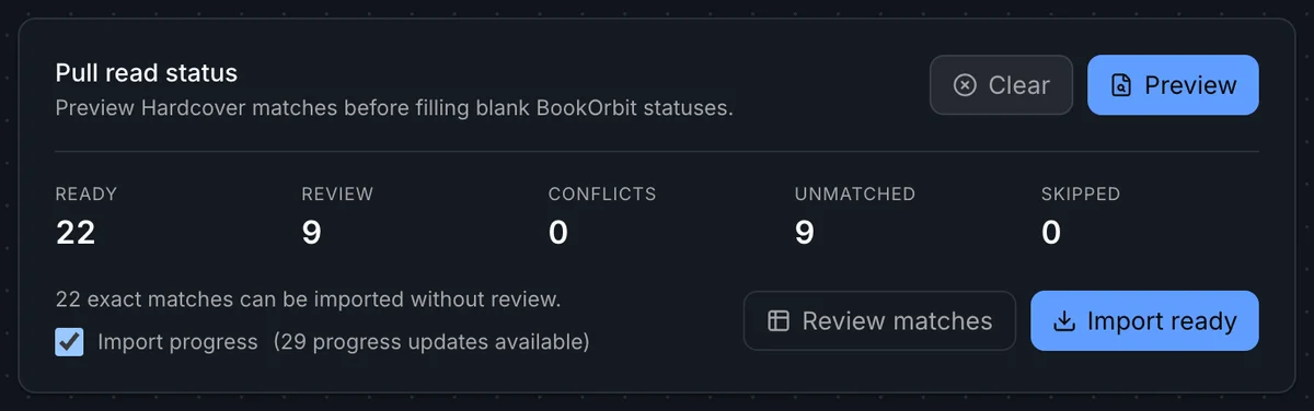 Pull read status card showing preview summary with Ready, Review, Conflicts, Unmatched, and Skipped counts and Import ready button