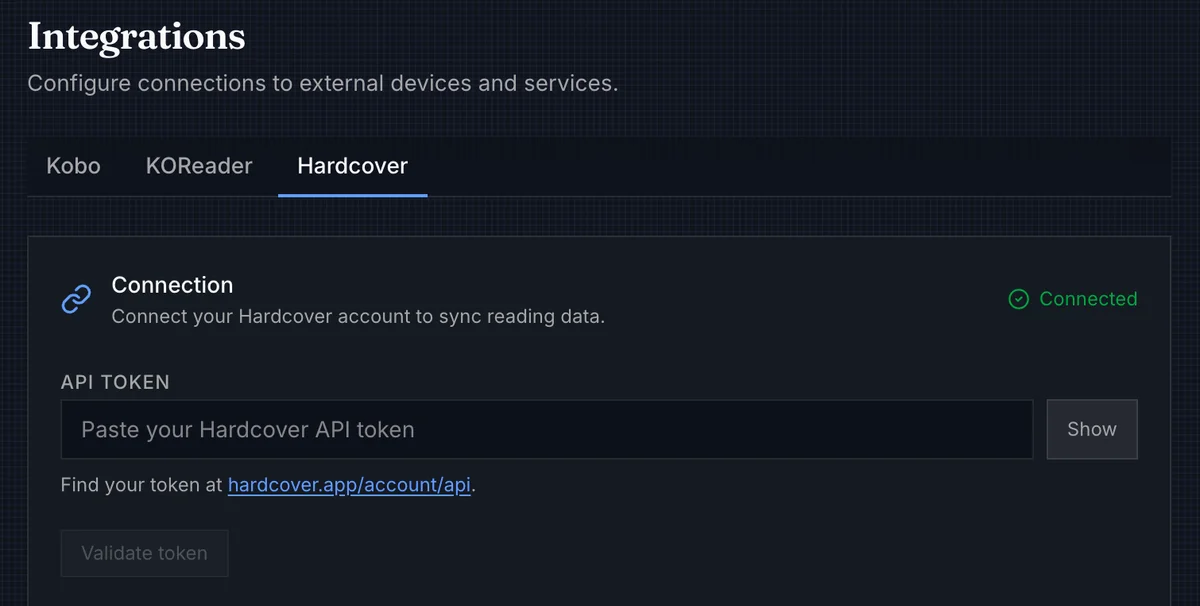 Hardcover connection settings with a configured account