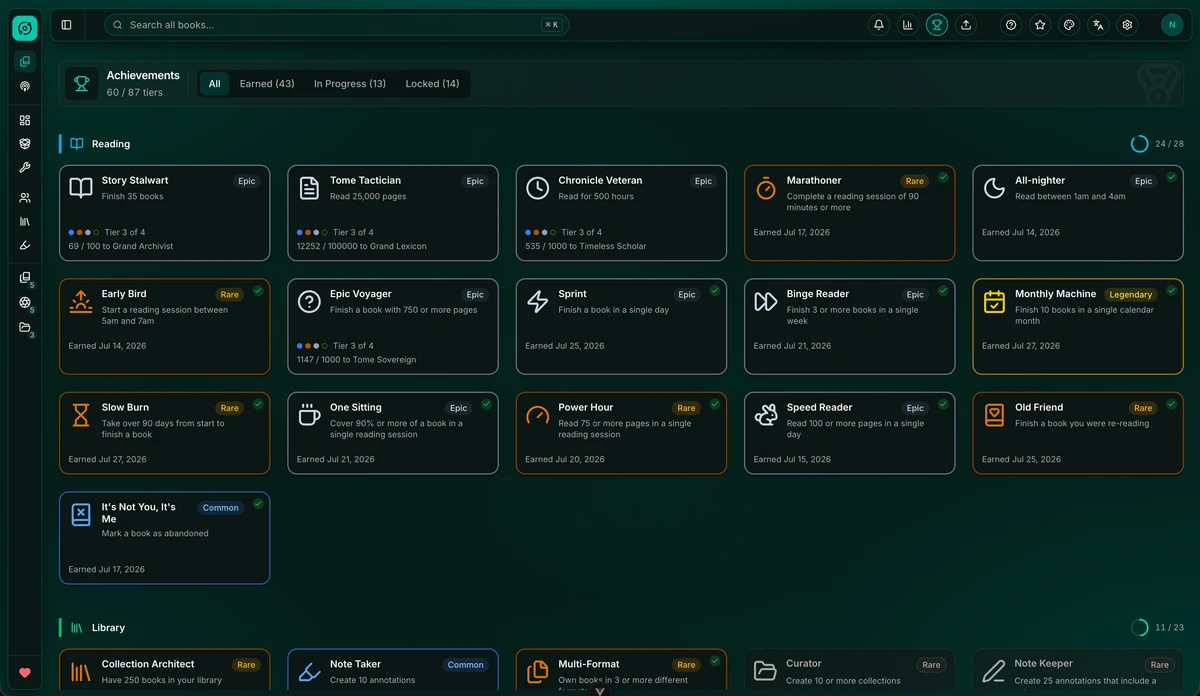 The achievements page with tiered reading and library badges marked earned, in progress, or locked