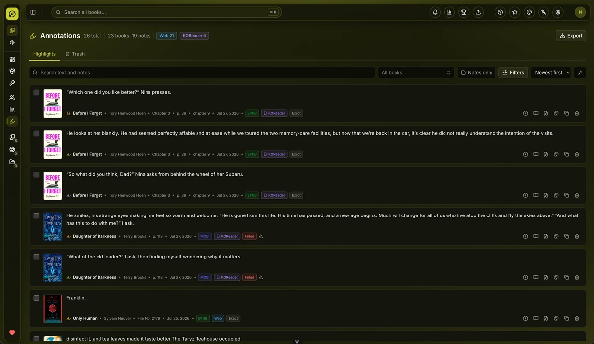 The annotations hub listing highlights and notes from web and KOReader, each tied to a book, chapter, and page