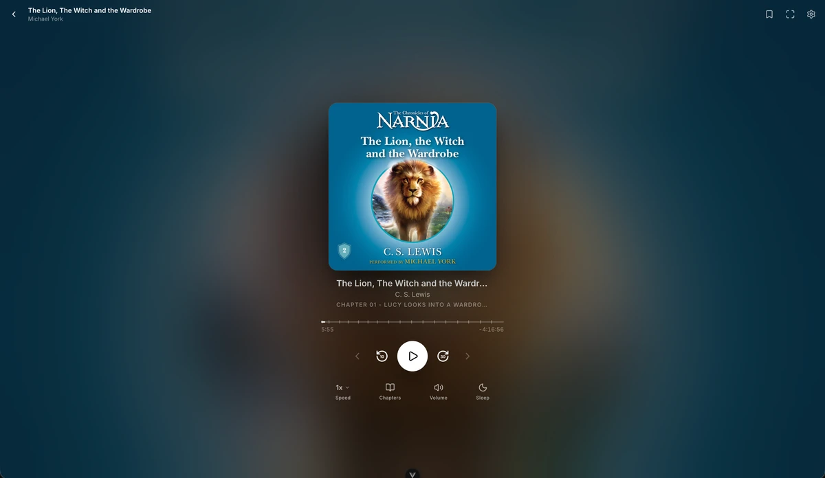 The audiobook player showing cover art, chapter title, scrub bar, and speed, chapters, volume, and sleep controls