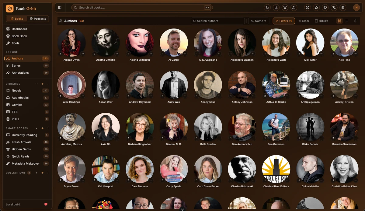 The authors browser as a grid of author portraits with book counts