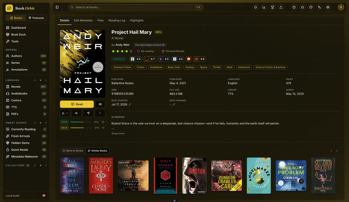 A book details page with the cover, ratings from six metadata providers, genre tags, publisher and file details, per-format progress, and a similar books shelf