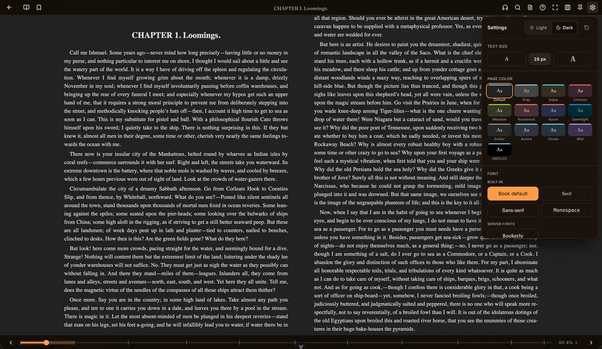 The built-in ebook reader in two-page layout with the appearance panel open on text size, page colour, and fonts